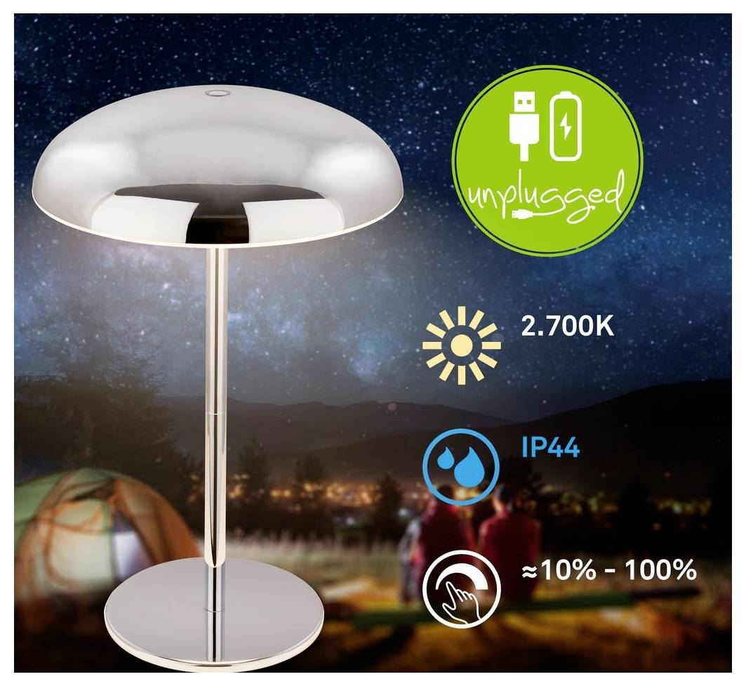 Přenosná LED stolní lampa s houbakovitým stínidlem, označená "unplugged"; teplé světlo 2700K, odolnost IP44 proti vodě a stmívání od přibližně 10% do 100%.