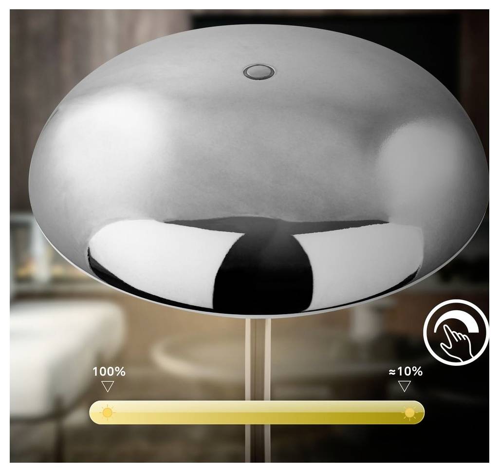 Detailní záběr elegantní kovové lampy se snímačem tykajícího se stmívače posuvníku od 100 % na přibližně 10 %, s ikonou poklepání označující nastavení jasu.