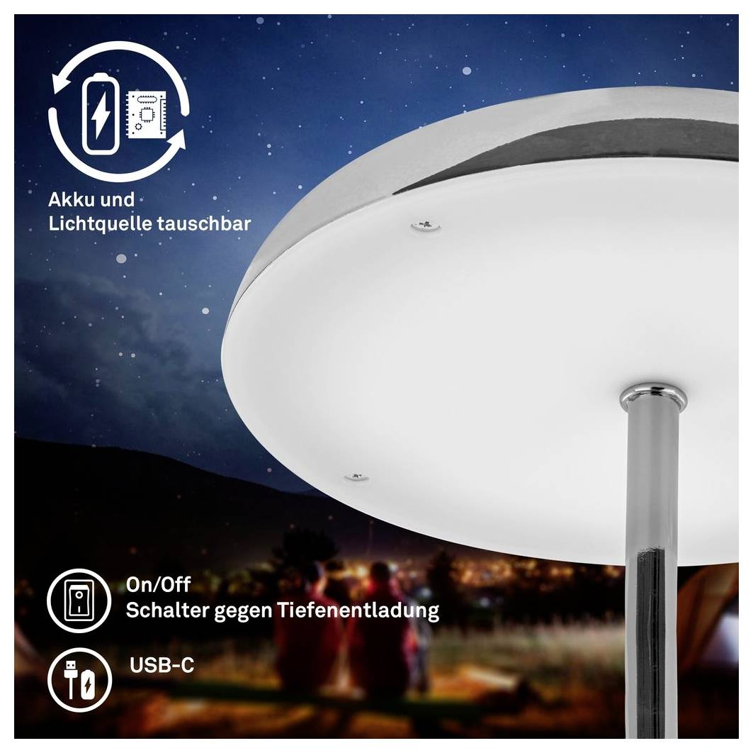 Venkovní lampa v bílém diskovém stylu na sloupku s nabíjecí baterií a vyměnitelným světelným zdrojem; textové poznámky na vypínač proti hlubokému vybití a nabíjení přes USB-C.