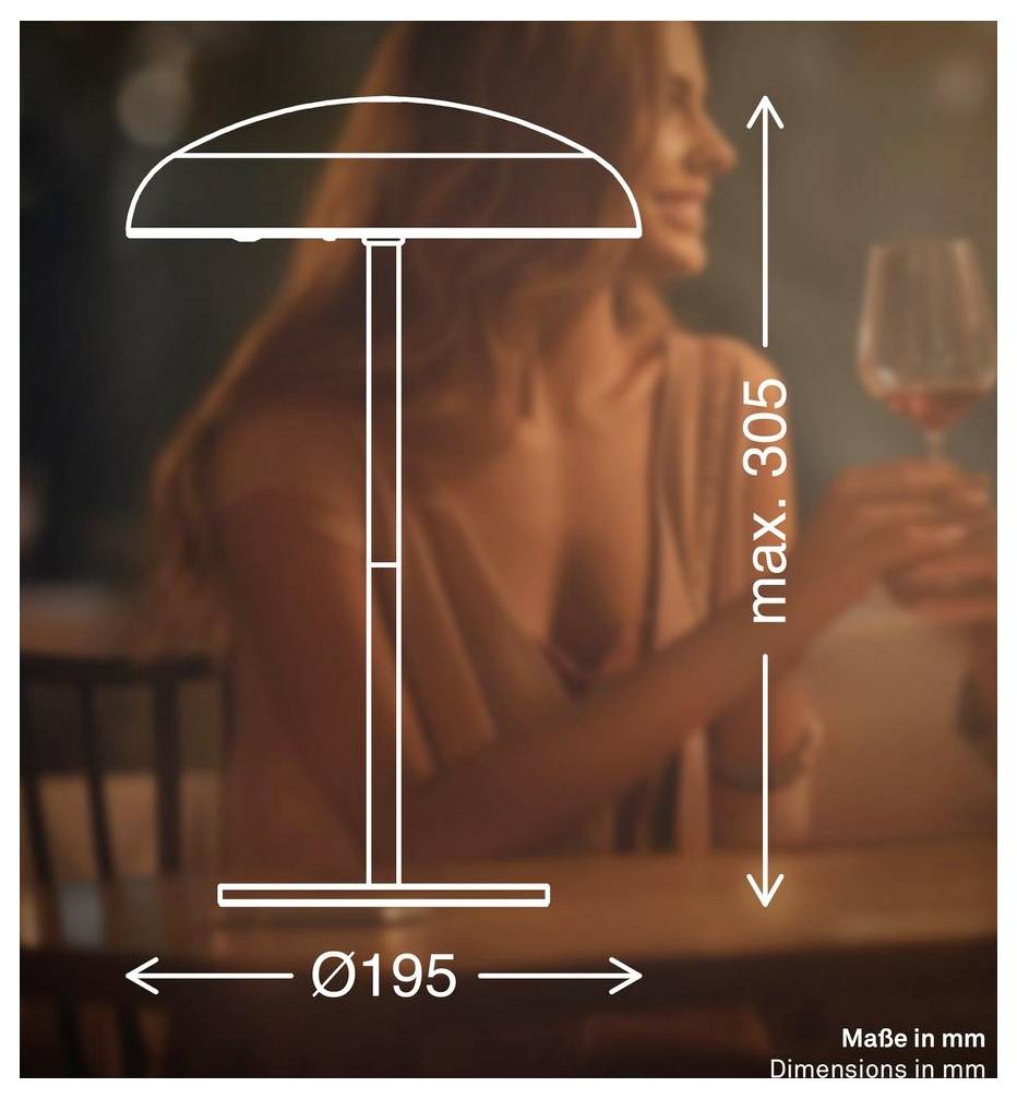 Čárový nákres stolní lampy s rozměry: průměr Ø195 mm a maximální výška 305 mm, zobrazený vedle osoby držící sklenici vína.