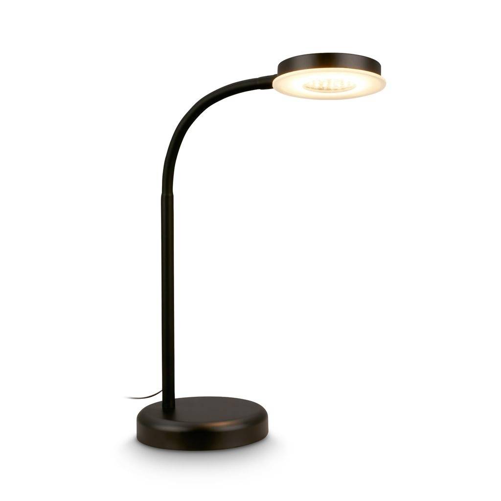 Moderní černá stolní lampa se zakřiveným stojánem, kulatou podstavou a rozsvícenou kruhovou LED hlavicí na bílém pozadí.