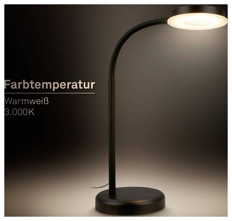 Černá stolní lampa s teplou bílou barvou; text zní 'Teplota barvy', 'Teplá bílá', '3.000K'.