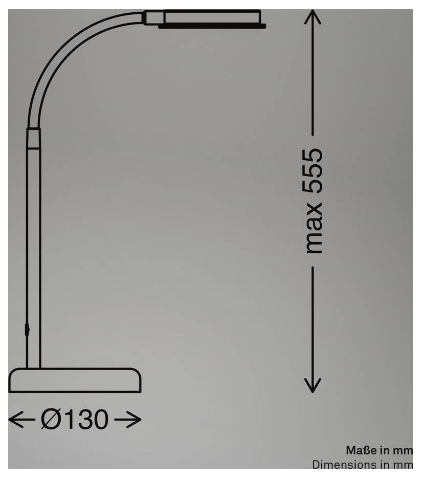Rozměrový diagram zakřiveného stojícího lampy: průměr podstavy Ø130 mm, maximální výška 555 mm, rozměry uvedeny v milimetrech.