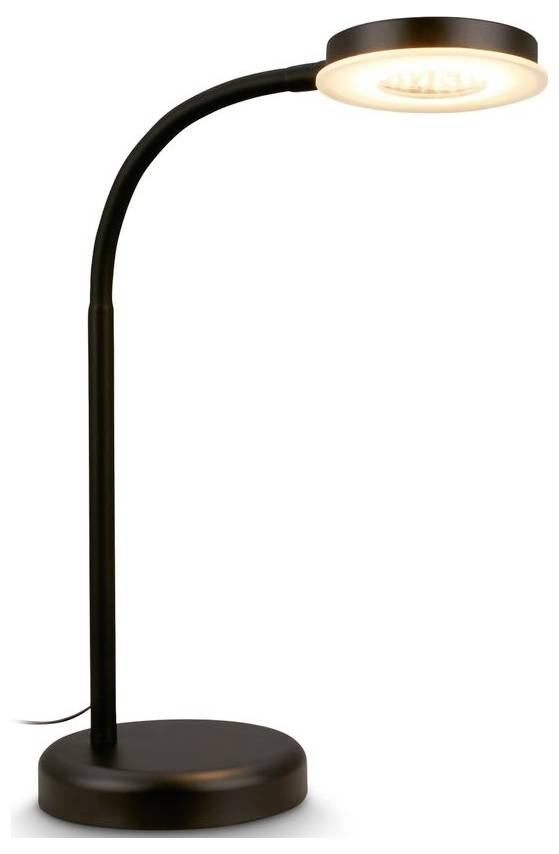 Černá zakřivená stolní lampa s kulatou podstavou a zářícím teplým světlem na bílém pozadí.