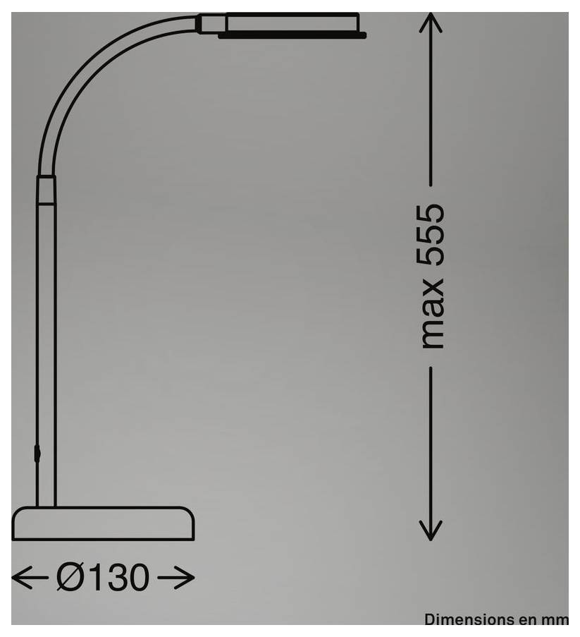 Technická kresba zakřivené lampy s maximální celkovou výškou 555 mm a průměrem podstavy Ø130 mm, s rozměry v milimetrech.