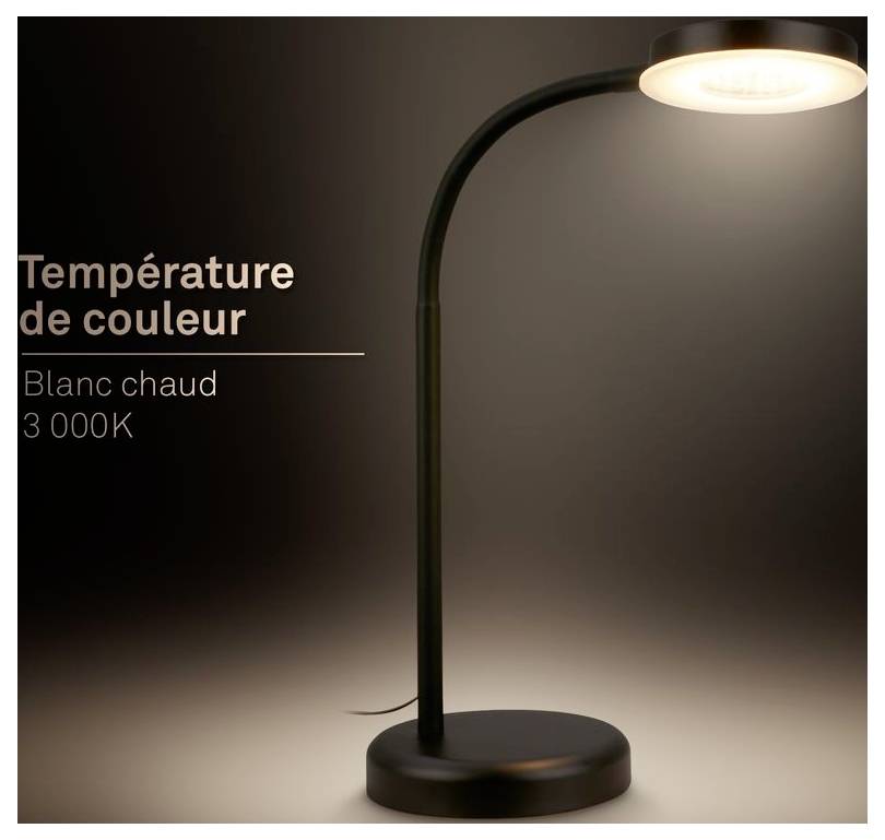 Černá stolní lampa s teplým bílým světlem. Text zní „Teplota barvy", „Teplá bílá", „3 000K".