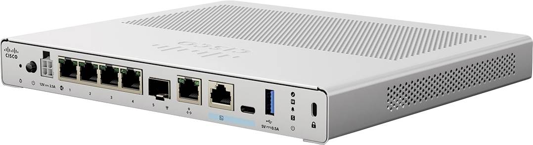 Síťový přepínač Cisco zobrazený v přední pohledu a šikmém horním pohledu s více porty Ethernet, porty USB a indikátory stavu na bílém pozadí