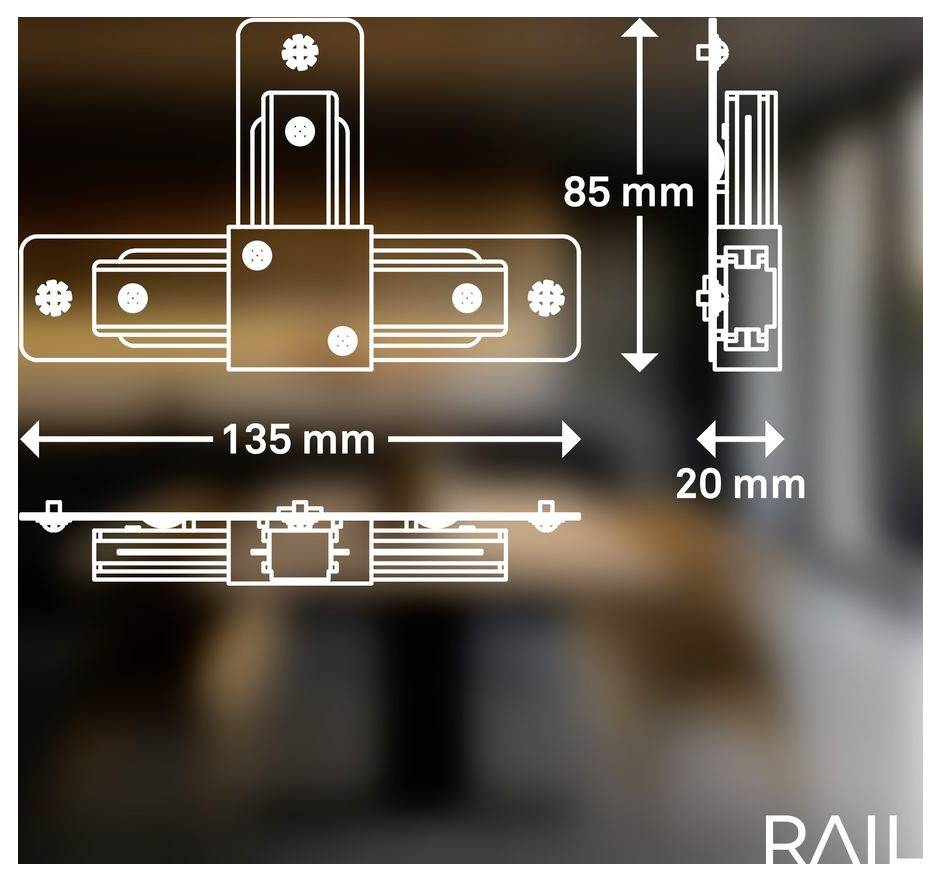 Technický výkres kovového držáku/konektoru se zobrazením rozměrů 135 mm na šířku, 85 mm na výšku a 20 mm na hloubku, se zobrazeními zepředu, ze strany a shora.