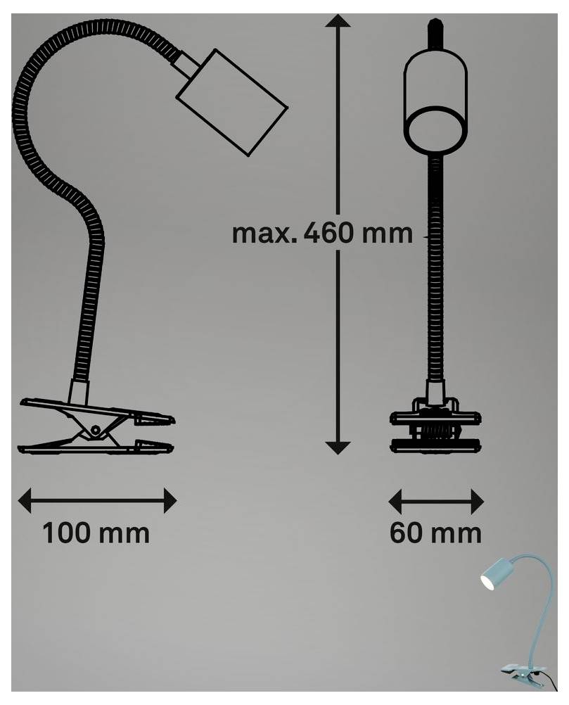 Diagram svítidla typu husí krk s upínací pákou zobrazující rozměry: maximální výška 460 mm, šířka upínací páky 100 mm, šířka podstavce 60 mm.