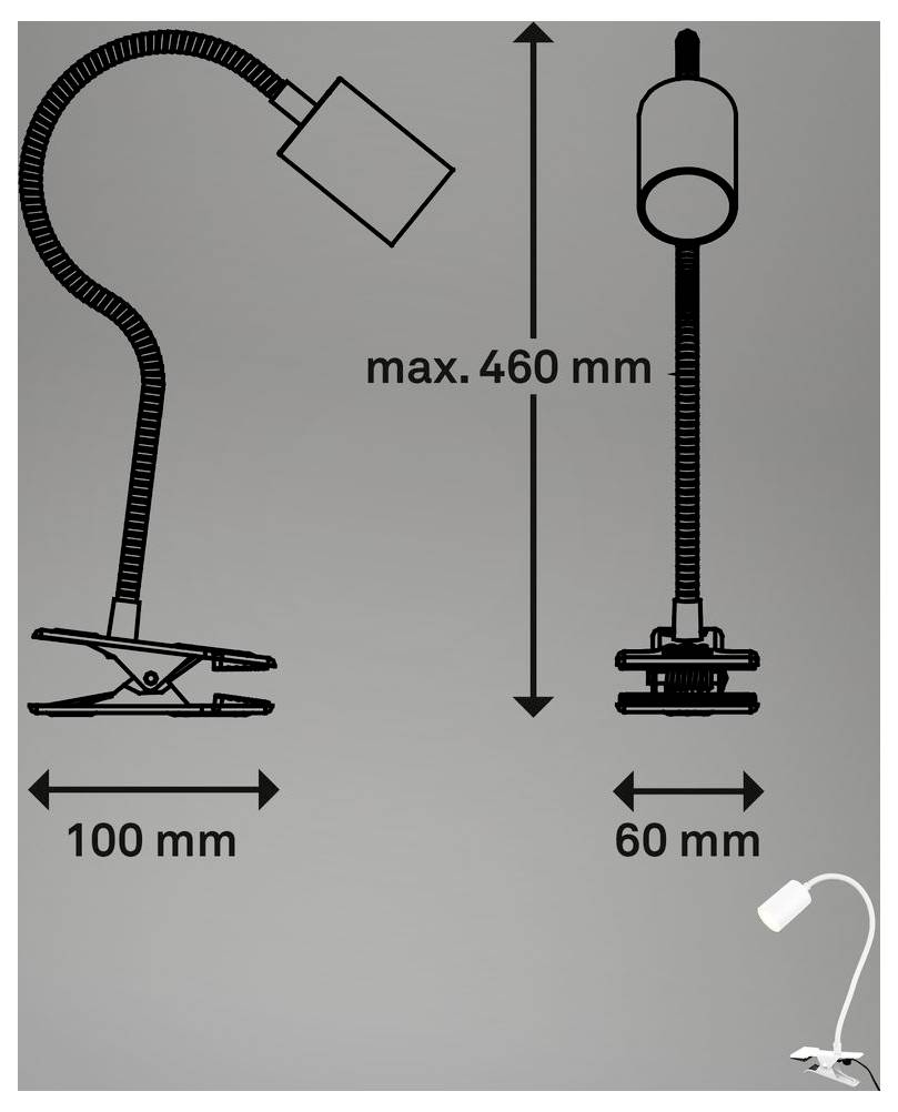Schéma přenosné lampy se sklopnou svorkou ukazující nastavitelnou výšku až do 460 mm, s šířkou podstavy 100 mm pro levou verzi a 60 mm pro pravou verzi.