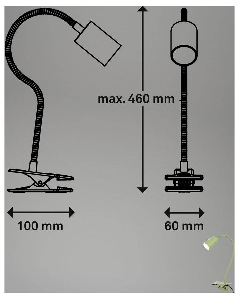 Diagram svítidla se stažením ukazující nastavitelný ohebný krk, maximální výška 460 mm, šířka svorky 100 mm a šířka podstavy 60 mm.