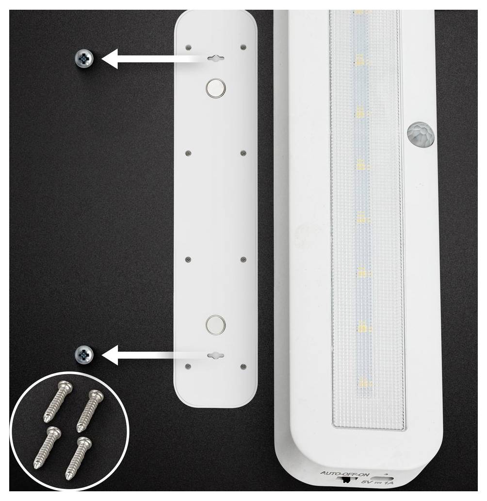 LED svítidlo s montážním držákem a šrouby, ukazující, kam jej připevnit ke zdi nebo stropu.