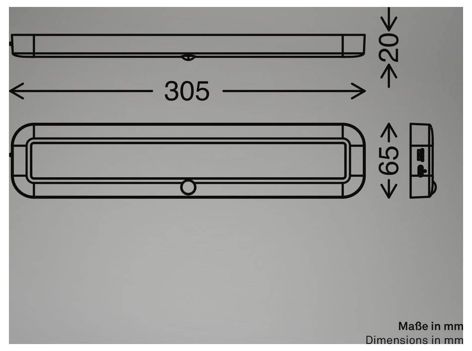 Technický výkres obdélníkového madla nebo příslušenství, která zobrazuje délku 305 mm, výšku 65 mm a hloubku 20 mm, označené 'Vyrobeno v mm'.