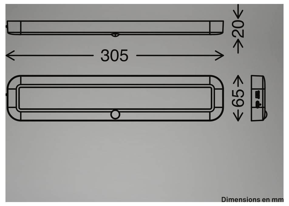 Technický nákres obdélníkového zařízení zobrazující přední a boční pohled s rozměry 305 mm na délku, méně než 65 mm na šířku a méně než 20 mm na výšku.