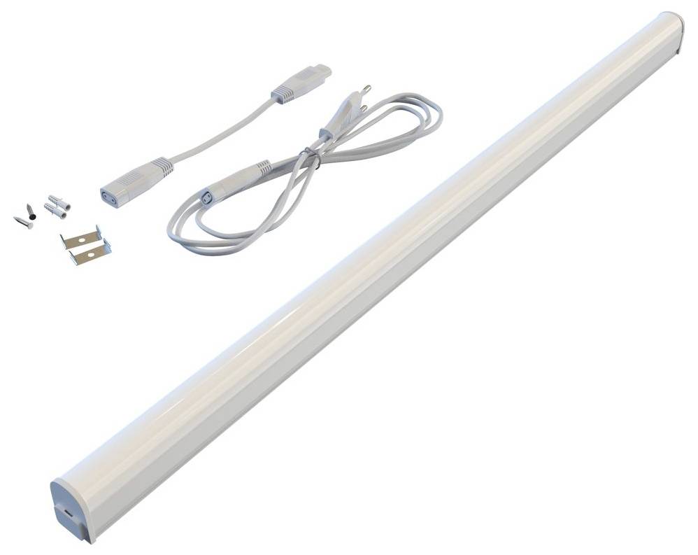 LED svítidlo pod kuchyňskou linku s napájecím kabelem, konektorovým kabelem, montážními klipsy, šrouby a doplňkem koncové krytky na bílém pozadí