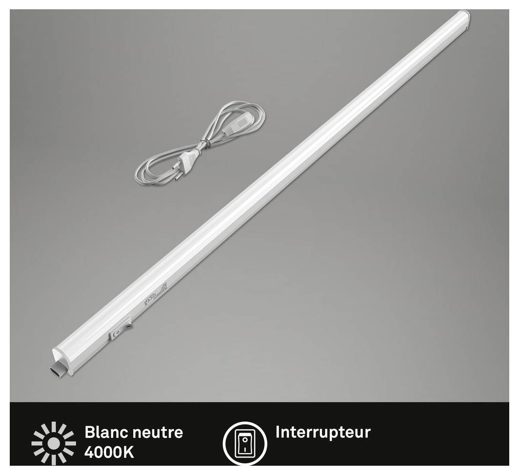 Bílá LED trubicová lampa s napájecím kabelem; označená "Blanc neutre 4000K" a "Interrupteur" na šedém pozadí.
