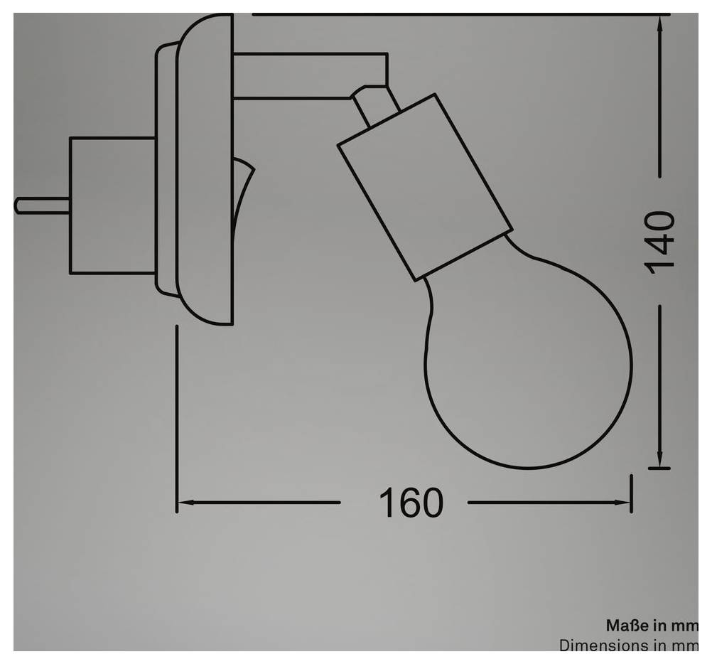 Rozměrný boční pohled na nástěnné světlo s žárovkou, označený šírkou 160 mm a výškou 140 mm, označen "Vyrobeno v Číně".