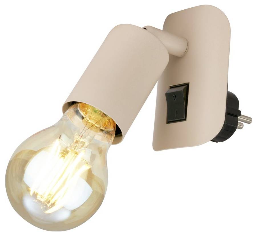 Nástěnná béžová lampa s viditelným zářícím žárovkou a černým vypínačem, zobrazená na bílém pozadí.