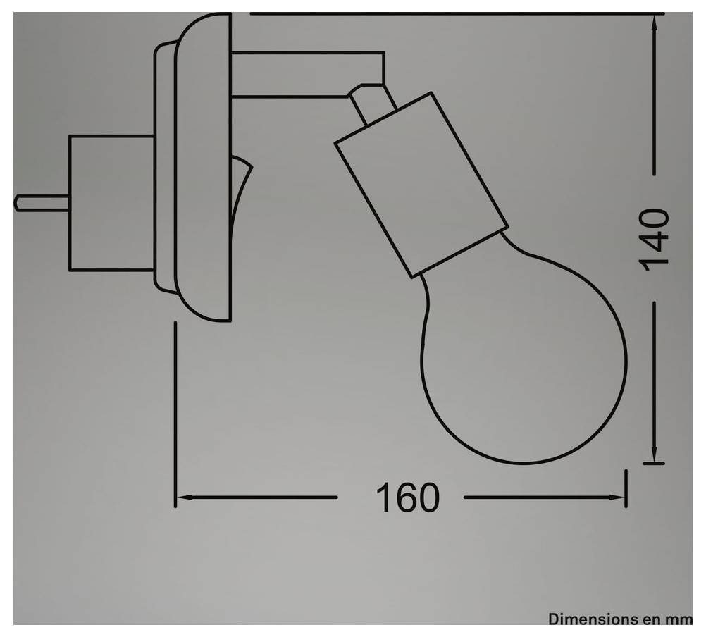 Technický nákres nástěnného světla se žárovkou, zobrazující rozměry 160 mm na šířku a 140 mm na výšku.