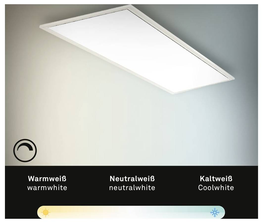 LED panelové světlo zobrazující možnosti barevné teploty od teplé bílé přes neutrální bílou až po studenou bílou, se jezdcem ovladače v dolní části.