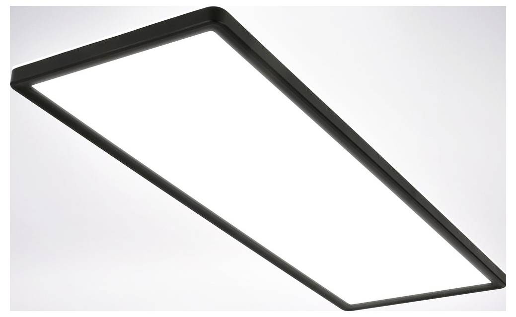 Moderní obdélníkový černý LED stropní svítič s pohledem zezdola na bílém pozadí.