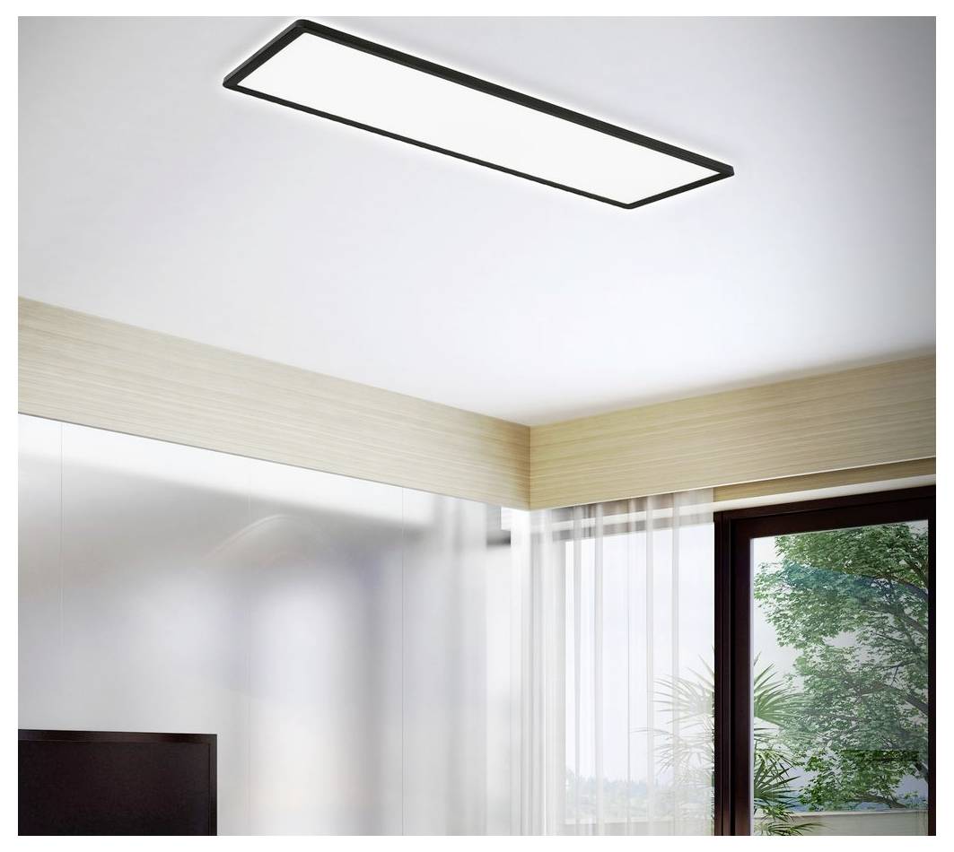 Minimalistický moderní interiér s obdélníkovým černým stropním světlem nad koutkem místnosti, oknem, průsvitným záclonami a stromem venku.