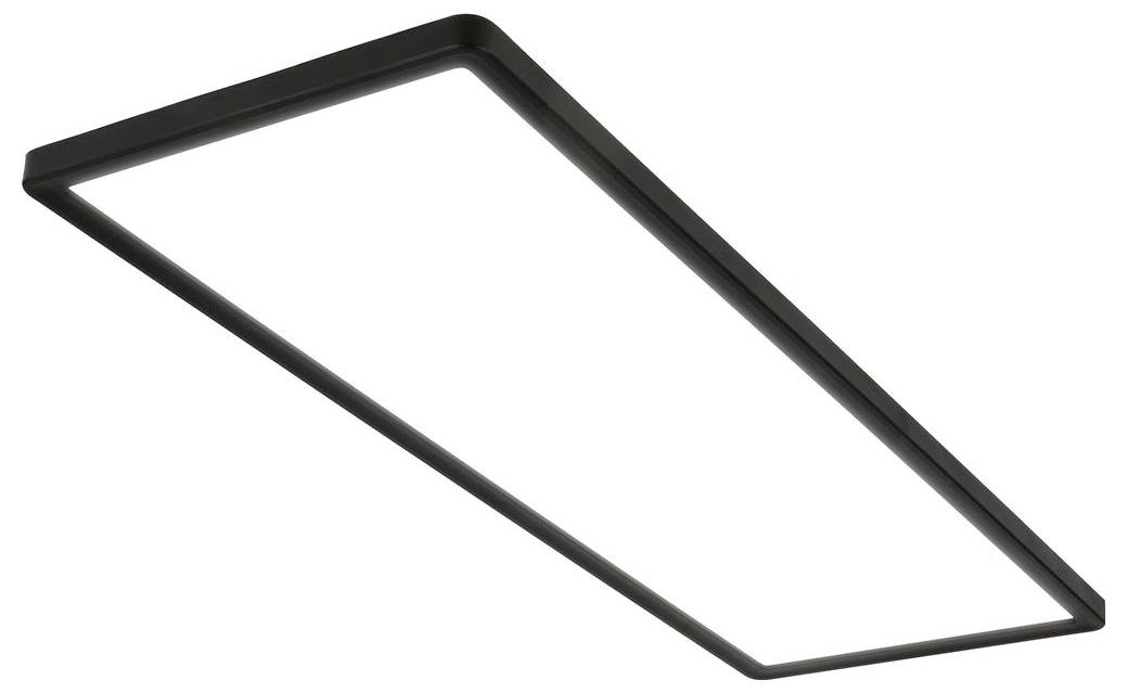 Obdélníkový černý stropní LED světelný panel zobrazený v úhlu na bílém pozadí.
