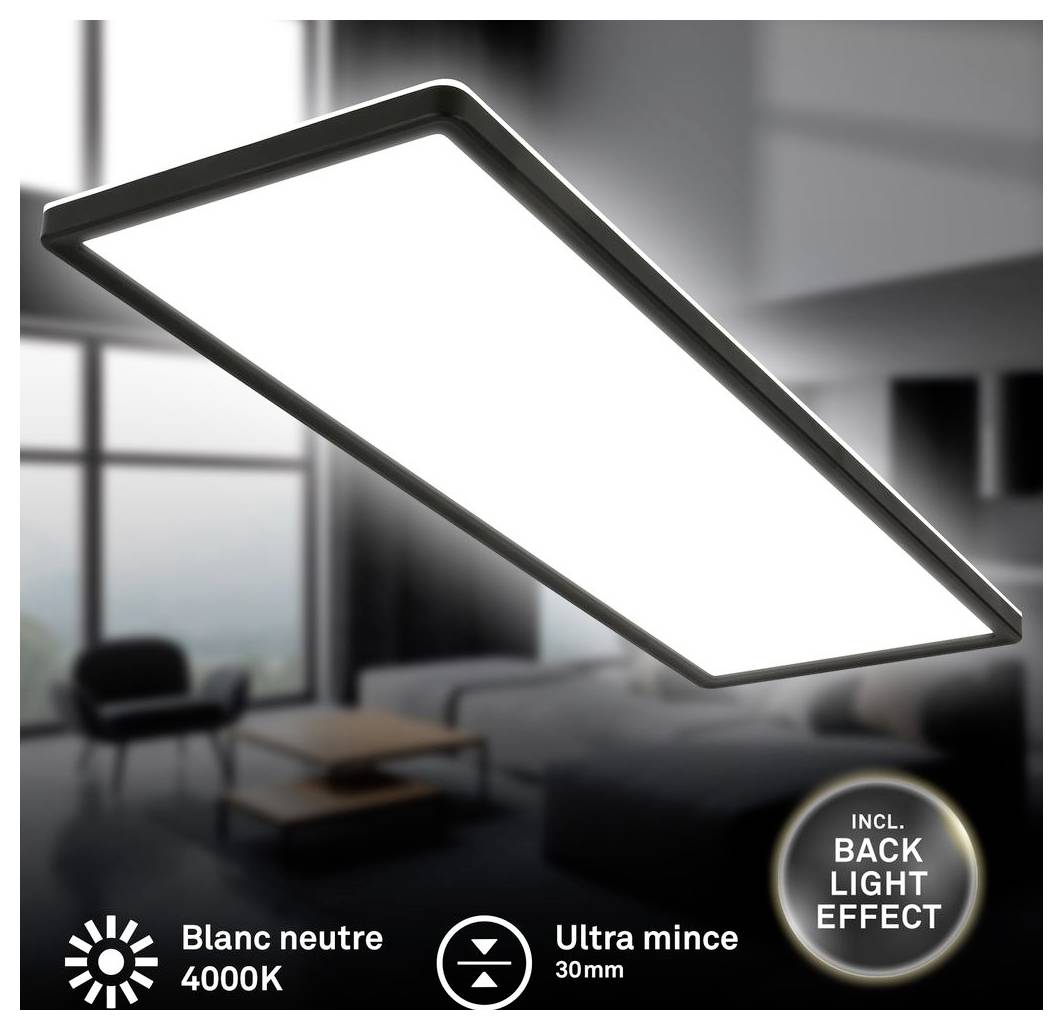 Obdélníkový ultra tenký LED stropní světelný panel v moderní místnosti, označený "Blanc neutre 4000K", "Ultra mince 30mm" a "Back light effect".