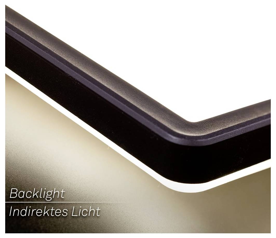Detail zablíženého okraje displeje s protisvětlem s jasným světlem pod rámečkem; text zní „Backlight" a „Nepřímé světlo".