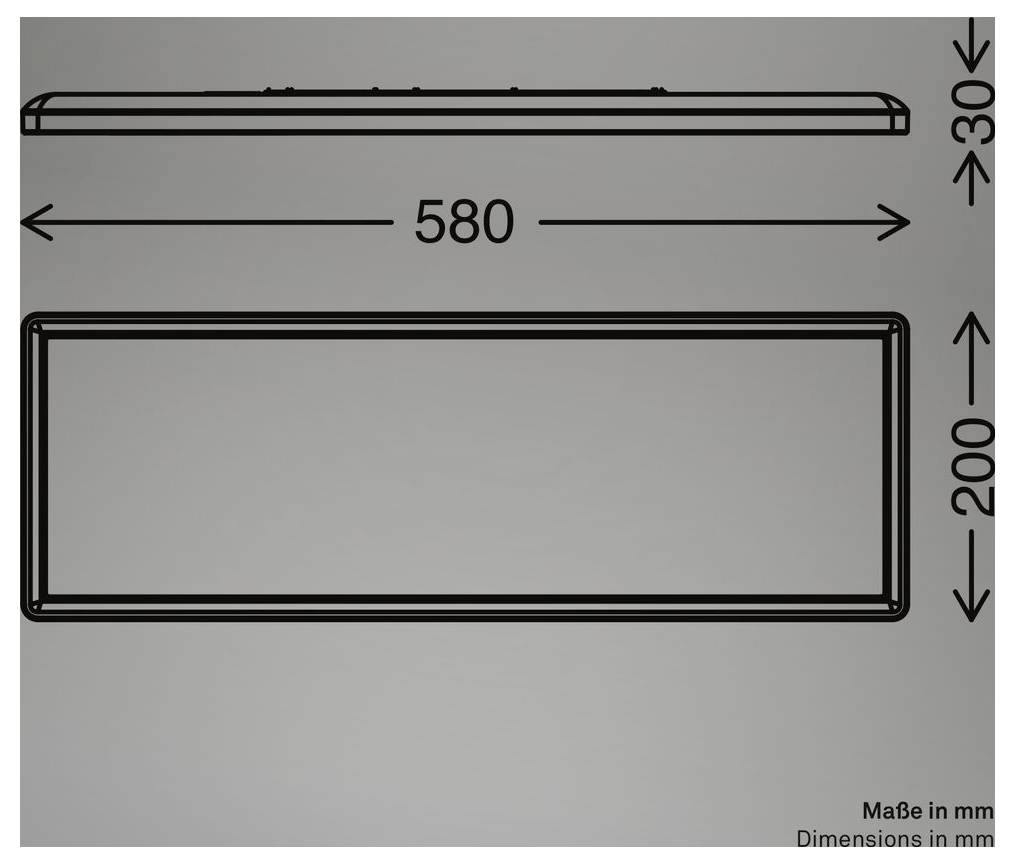 Technický nákres obdélníkového objektu, označený 580 mm na šířku, 200 mm na výšku a 30 mm na tloušťku.