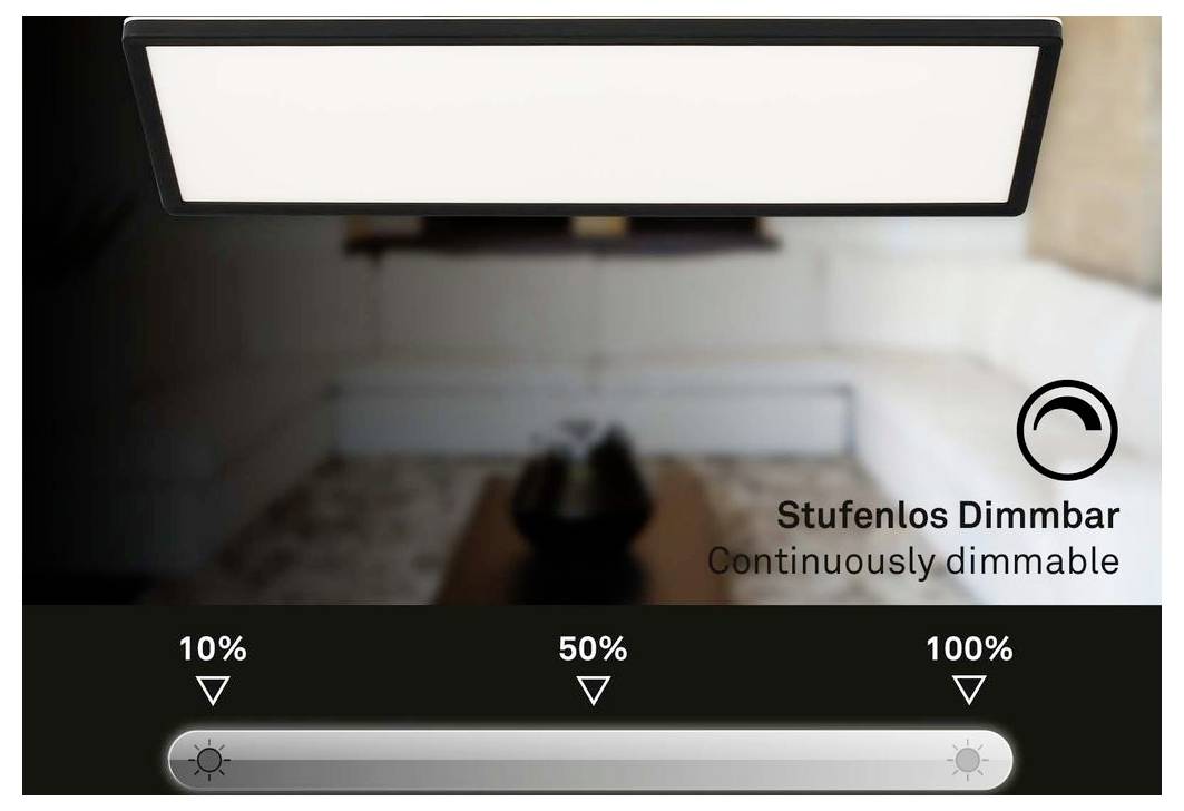 Produktová propagace zobrazující stropní svítidlo se stmíváním na 10%, 50% a 100% jasu, s textem 'Stufenlos Dimmbar' a 'Plynule stmívatelné'.