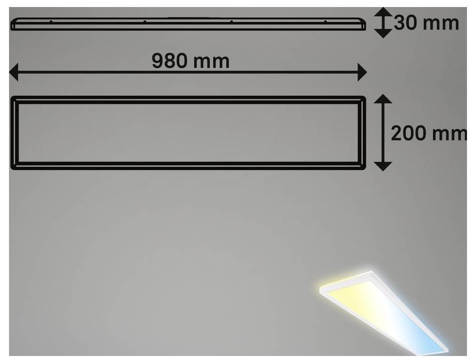 Diagram prvku velmi tenké obdélníkové světelné panely, dlouhé 980 mm a širokosti 200 mm, s tloušťkou 30 mm zobrazené v bočním pohledu.