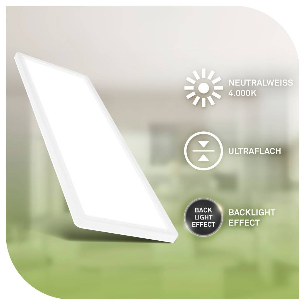 Obdélníkový LED panelový svítidlo zobrazeno se štítky "NEUTRALWEISS 4.000K", "ULTRAFLACH" a "BACKLIGHT EFFECT", zvýrazňující štíhly design s podsvětlením.