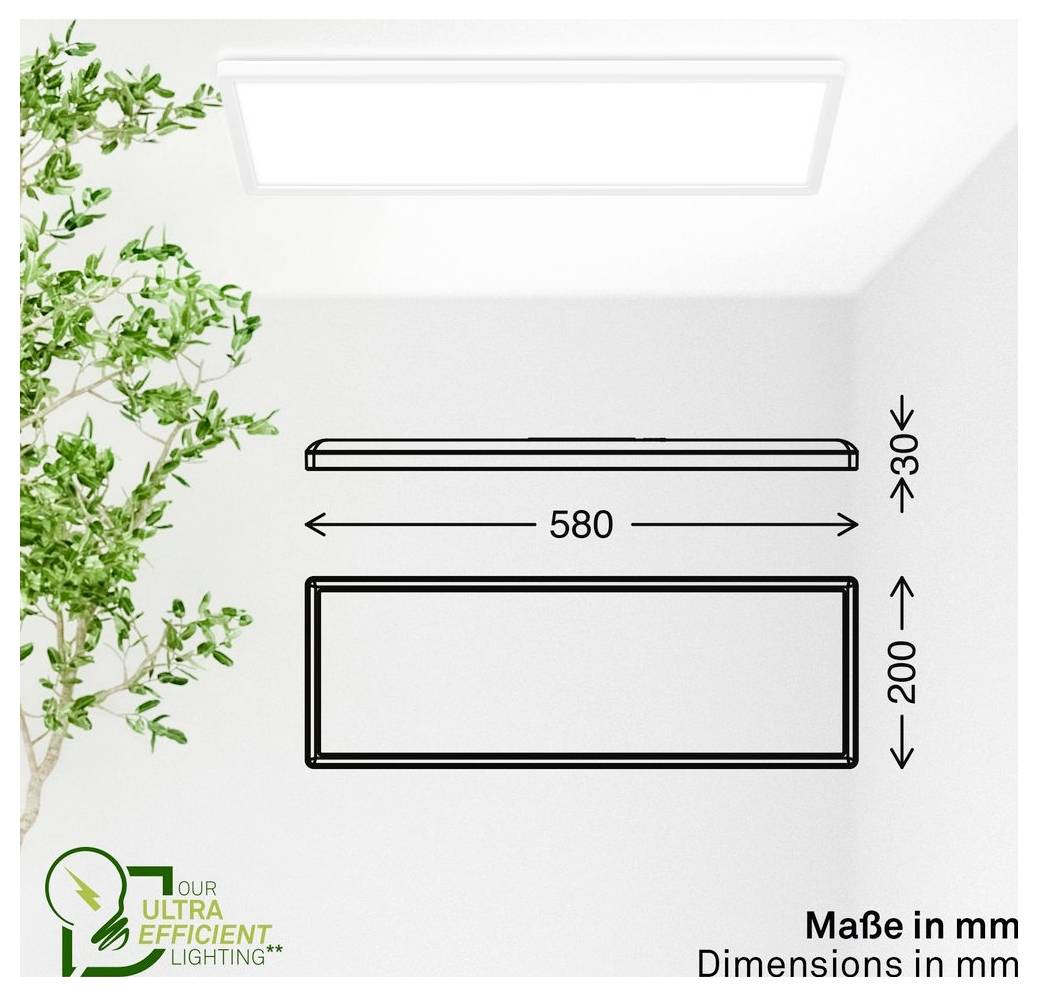 Diagram obdélníkového stropního svítidla s rozměry v milimetrech: 580 širokého, 200 vysokého a přes 30 hlubokého.