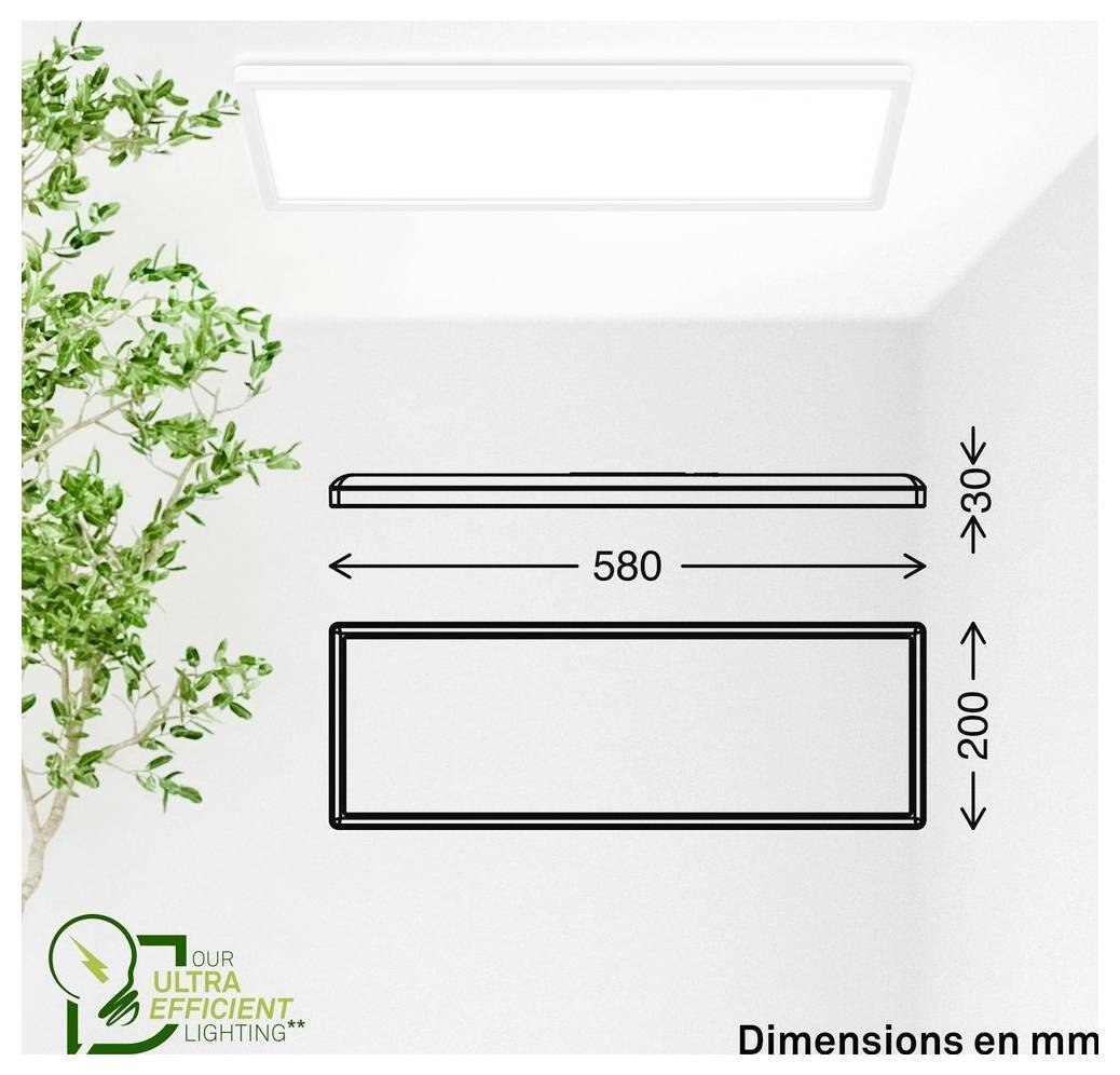 Diagram obdélníkového světelného tělesa zobrazující rozměry 580 mm na šířku, 200 mm na výšku a přes 30 mm na hloubku, označený „Rozměry v mm".