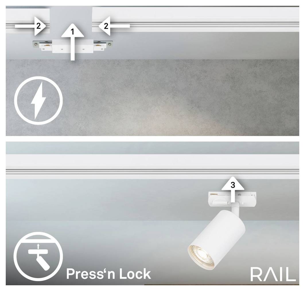 Ilustrace systému kolejnicového osvětlení ukazující kroky instalace 1, 2 a 3, se spotlightem zajištěným v kolejnici pomocí metody "Press'n Lock".