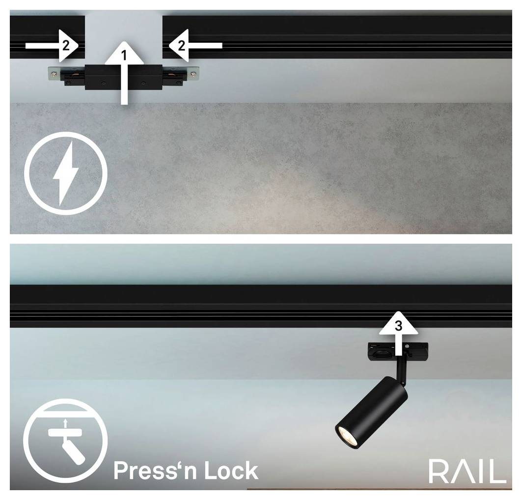Diagram shows Rail track installation: zasuňte spojovací prvek z obou stran a zajistěte reflektor na lištu pomocí Press'n Lock.