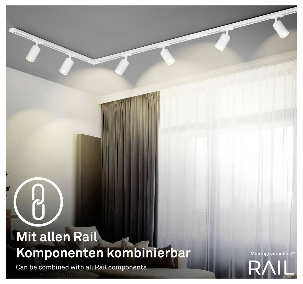 Interiér místnosti s bílými stropními kolejnicovými světly a textem „Kompatibilní se všemi Rail komponenty" / „Lze kombinovat se všemi Rail komponenty", propagující Rail osvětlovací systém.