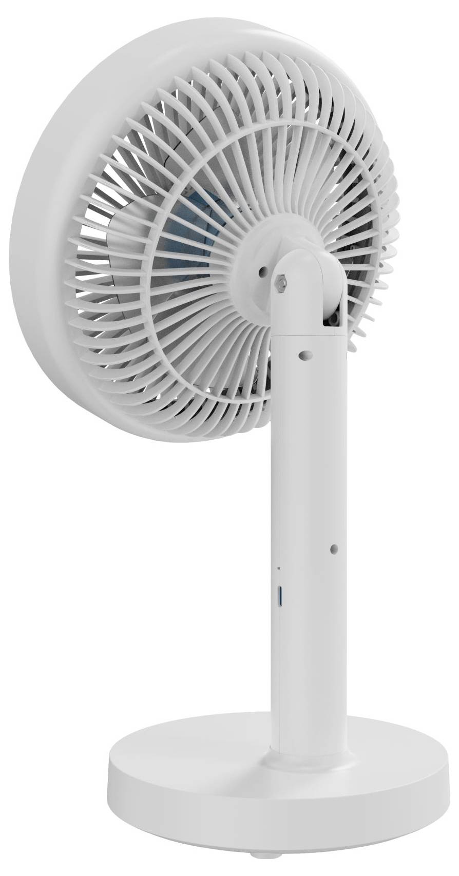 Bílý stolní ventilátor s kulatou podstavou a nastavitelným sklonem, zobrazený v bočním pohledu na neutrálním pozadí.
