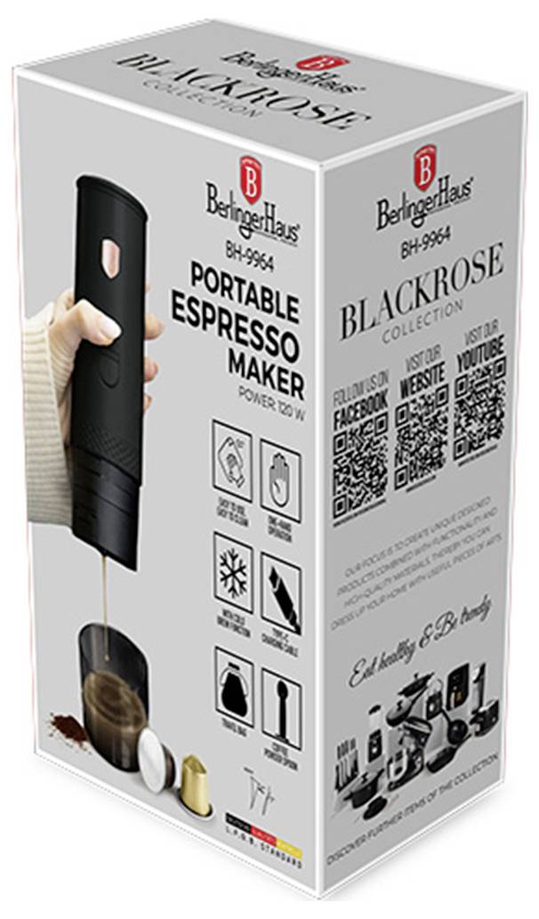 Krabice přenosného espresu značky Berghaus Power Box, řada Blackrose, s QR kódy a obrázky produktů na obalu.