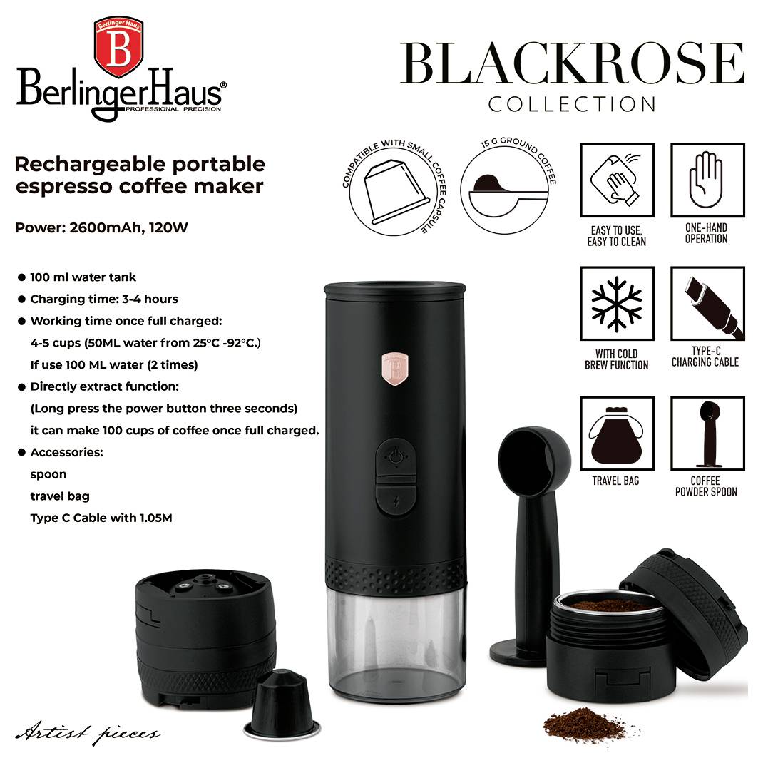 BerlingerHaus Blackrose Collection přenosný nabíjecí espresco kávovar s příslušenstvím, zobrazující funkce jako 100 ml nádrž, nabíjení USB Type-C, obsluha jednou rukou a funkce studené páry.