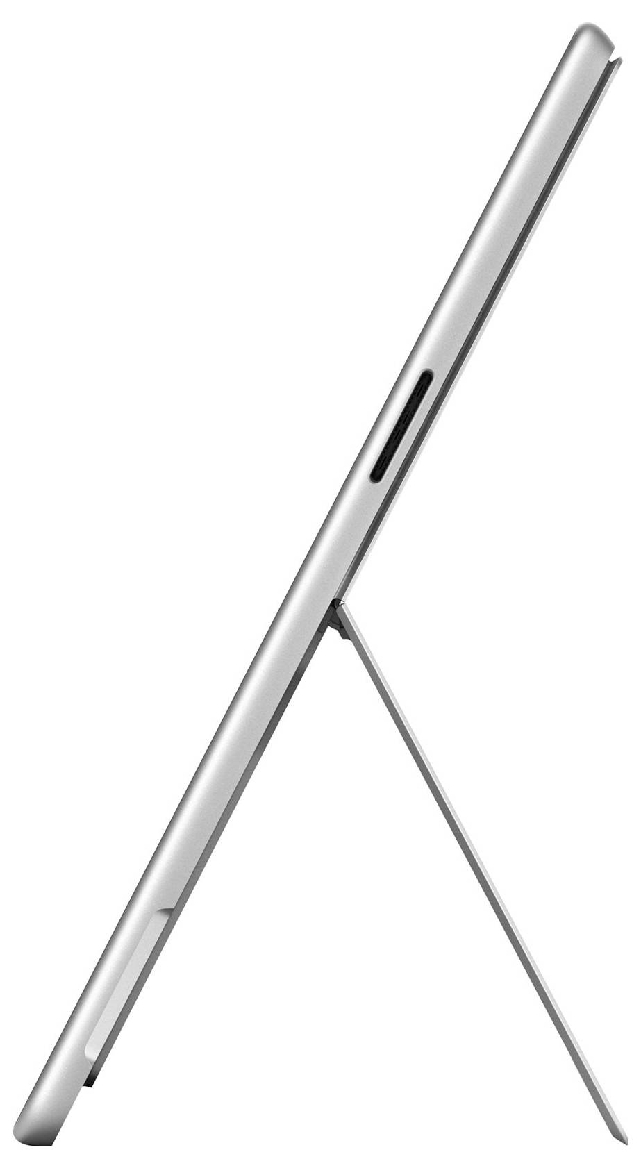 Boční pohled na stříbrný tablet s rozloženou podpěrou, která zvedá zařízení do úhlu.