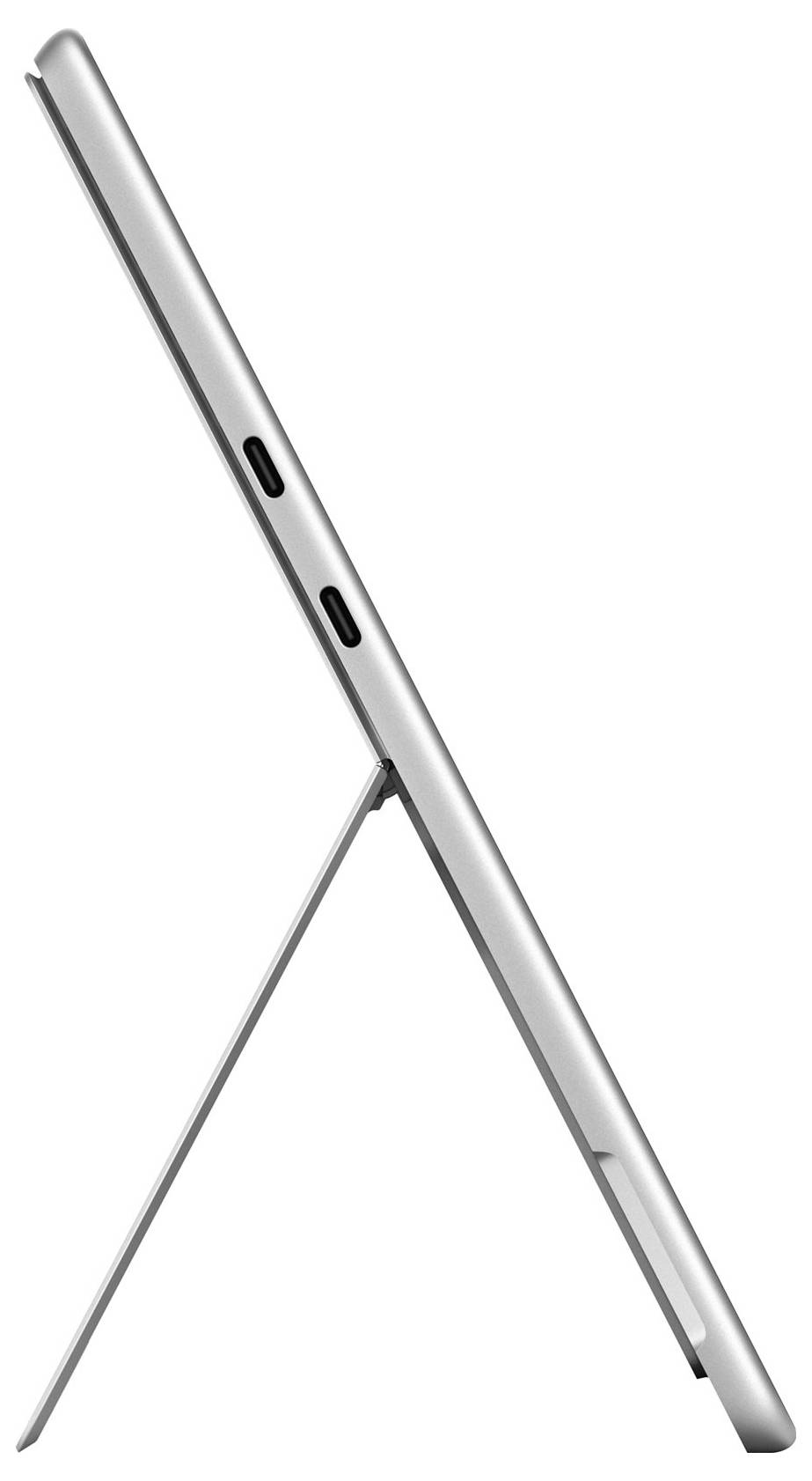 Boční pohled na stříbrný tablet s integrovaným stojánkem rozloženým pro používání na pracovní ploše.