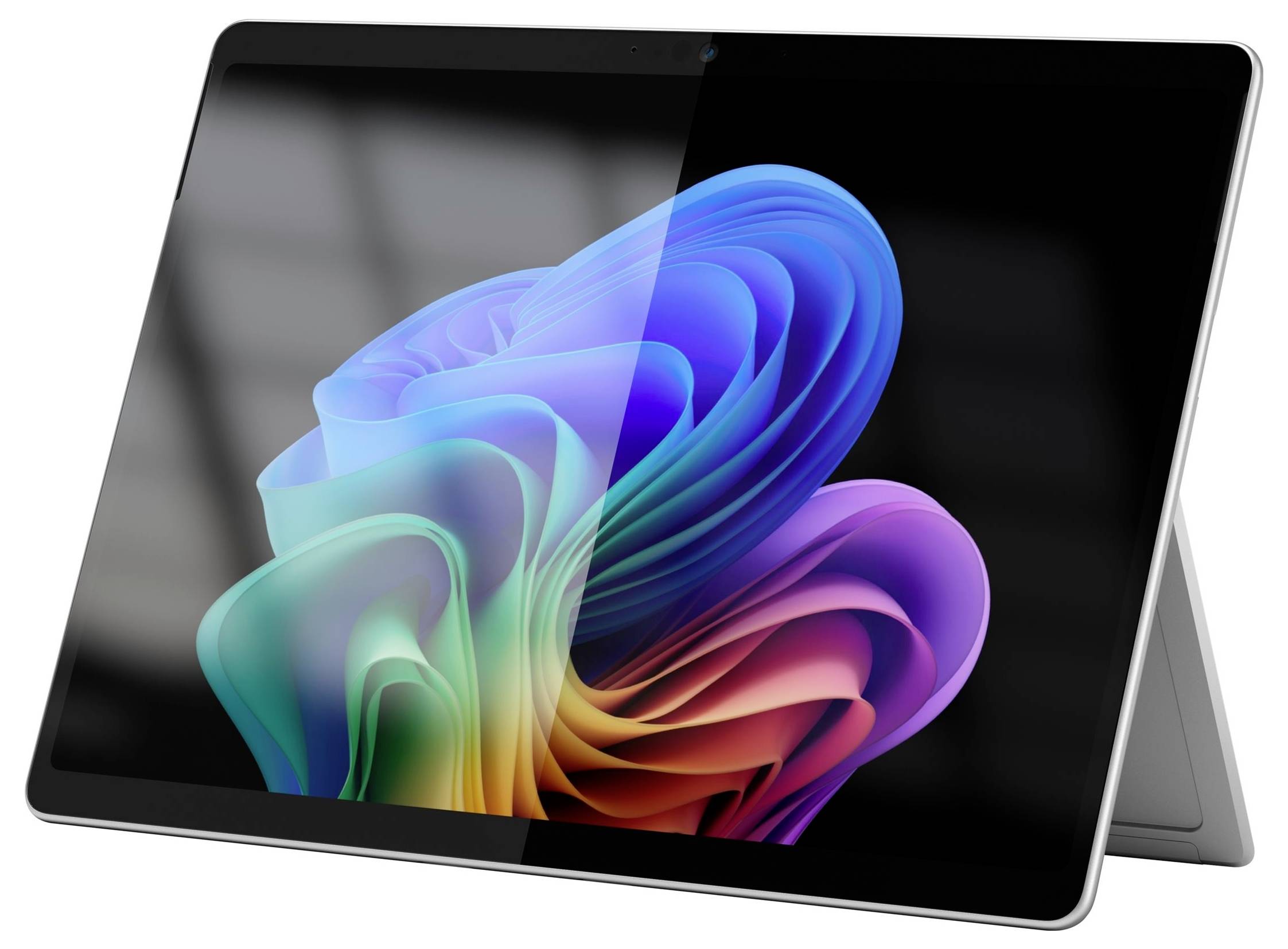 Černý tablet v orientaci na šířku s barevnou abstraktní vírící tapetou, zobrazený se zadním stojanem proti bílému pozadí.