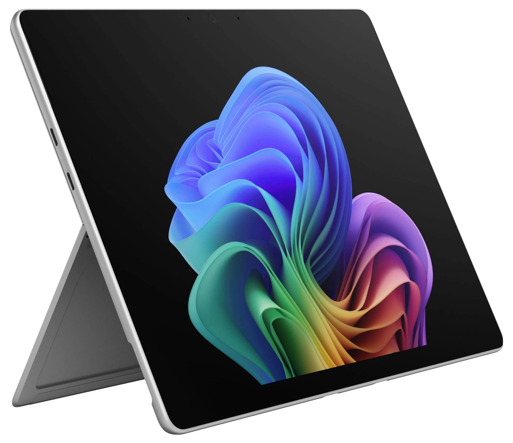 Štíhlý stříbrný skládací tablet v režimu stanu zobrazuje barevnou abstraktní spirálu tapety na černé obrazovce.