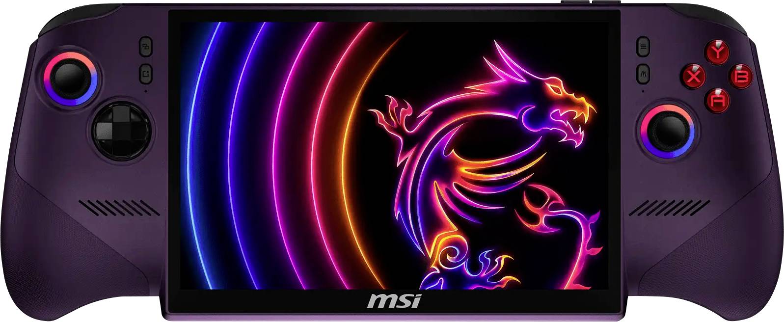 Přenosná herní konzole MSI s barevnou neonovou grafikou draka na displeji a dvěma analogovými páčkami, zobrazena ze přední strany.