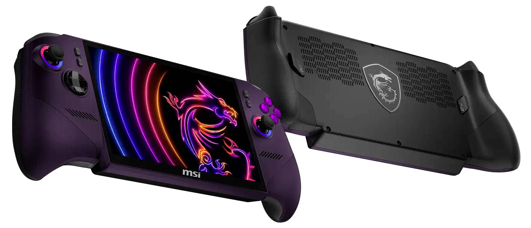 Přední a zadní pohled na přenosné herní zařízení MSI s displayem s neonovým драkonem, fialovými ovladači a černou strukturovanou zadní částí.