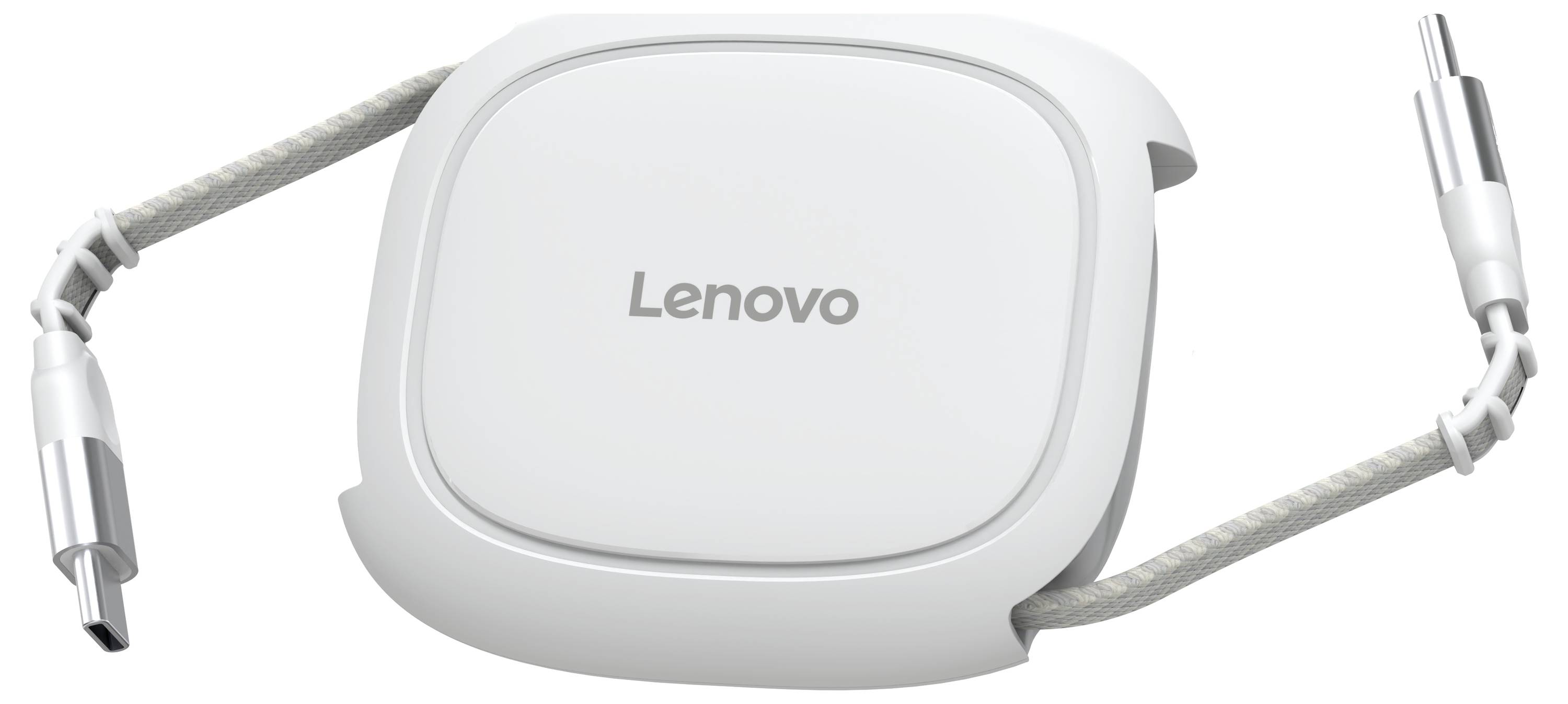 Bílý nabíjecí kabel Lenovo s konektory USB-C a kompaktním adaptérem nebo organizérem kabelů uprostřed.
