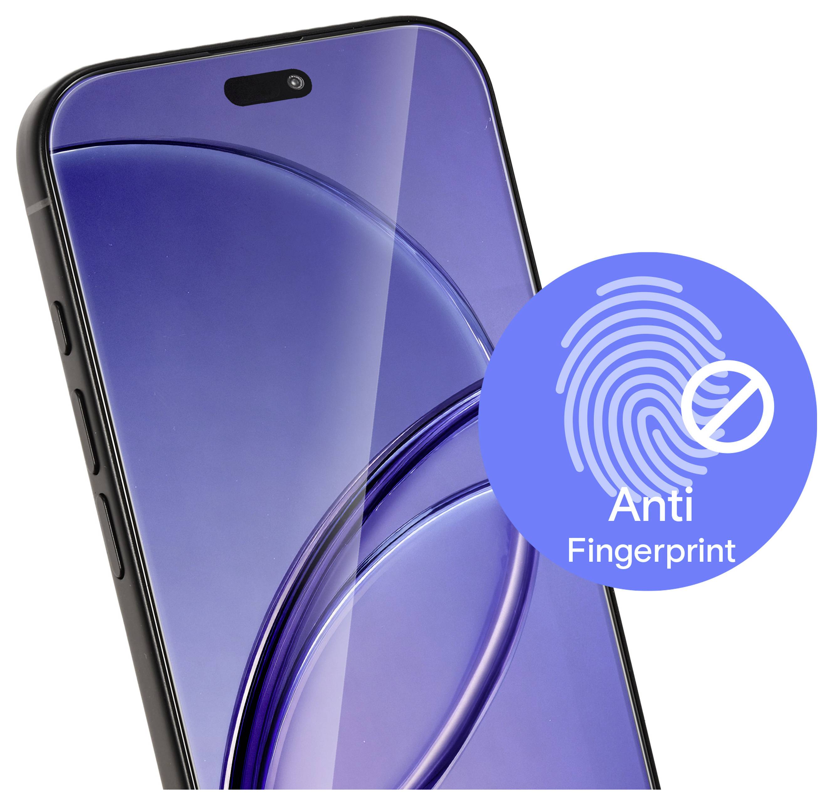 Obrazovka chytrého telefonu s ikonou antivoňavého povlaku zobrazující otisk prstu a text „Anti Fingerprint"