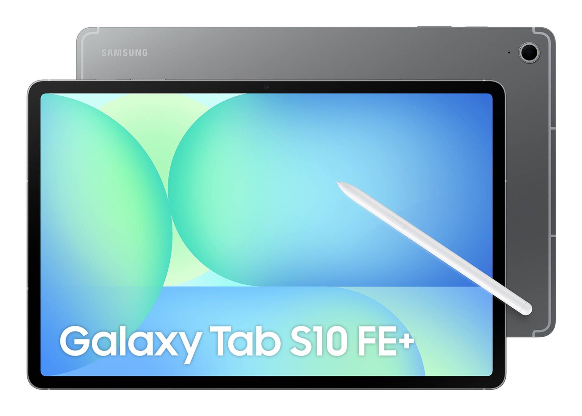 Samsung Galaxy Tab S10 FE+ tablet se stylusem, zobrazený zepředu a zezadu na bílém pozadí.